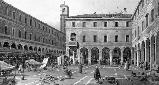 ‘베니스의 상인’에 나오는 리알토는 여러 세기 동안 상인 은행가 선주들에게 가장 중요한 사업 중심지였다. 조반니 안토니오 카날레토가 18세기 초 그린 ‘리알토 광장 풍경’. /오브제 제공