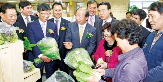 김수공 농협중앙회 농업경제 대표(왼쪽 다섯 번째) 등 농협 임직원들이 지난 19일 경기 김포시에 새로 문을 연 로컬푸드 직매장을 둘러보고 있다.  농협 제공 