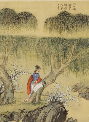 겸재 정선의 ‘사공도시품첩’ 중 ‘섬농’. 화사한 봄 풍경을 시로 쓰고 있는 여인을 묘사했다. 문학동네 제공