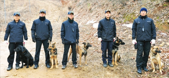 경찰 체취견과 핸들러들이 경기 파주시에서 수색 훈련을 하고 있다. 인천청 강동주 경사와 검지(왼쪽부터), 부산청 김도형 경사와 아띠, 대전청 박태민 경사와 레이, 대구청 김민철 경장과 레리, 서울청 양희재 경장과 나로. 경찰청 제공