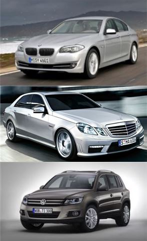왼쪽부터 BMW 520d, 메르세데스-벤츠 E300, 폭스바겐 티구안 2.0TDI 블루모션