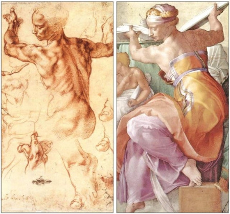 미켈란젤로의 시스티나성당 천장화 ‘천지창조’ 중 ‘리비아 예언자’의 습작(왼쪽)과 원화.