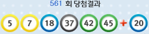 로또 561회 당첨번호 '5, 7, 18, 37, 42, 25'