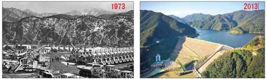 강원 춘천시 소양강댐의 건설 당시 현장 모습(왼쪽)과 현재 모습(오른쪽). 한국 근대화의 상징으로 꼽히는 이 댐은 오는 15일 준공 40주년을 맞는다. 한국수자원공사 제공