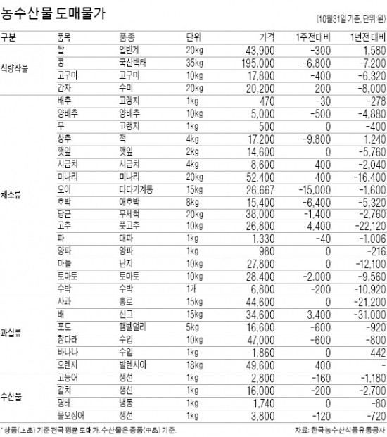 배추·무 등 김장 채소값 1년전 대비 30~40% 떨어져