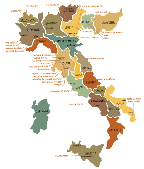 사진=이탈리아 전역 와인 생산지와 대표 와인명을 기재한 이탈리아 와인 지도. 출처=www.svimports.com