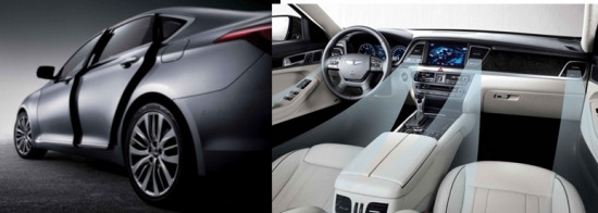 현대자동차가 신형 제네시스에 탑재한 고스트 도어 클로징(사진 왼쪽) 기능과 스마트 공조시스템(오른쪽) 설명 이미지.(사진/현대차 제공)