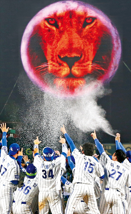 < 사자군단 ‘별’이 되다 > 프로야구 한국시리즈 7차전에서 두산을 7-3으로 꺾고 사상 첫 3년 연속 정규리그와 한국시리즈 통합 우승이라는 새 역사를 쓴 삼성 라이온즈 선수들이 경기를 마친 뒤 사자 홀로그램 영상을 향해 환호하고 있다. 연합뉴스