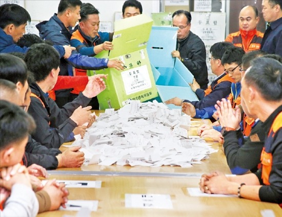 현대자동차 노조가 6일 현대차 울산공장 노조 선거관리위원회 사무실에서 노조위원장 선거 개표 작업을 하고 있다. 연합뉴스