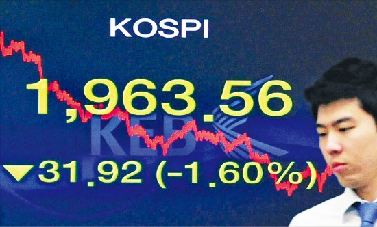 코스피지수가 전날 대비 1.6% 급락한 13일 서울 명동 외환은행 본점 딜링룸에서 한 직원이 우울한 표정을 짓고 있다. 허문찬 기자 sweat@hankyung.com