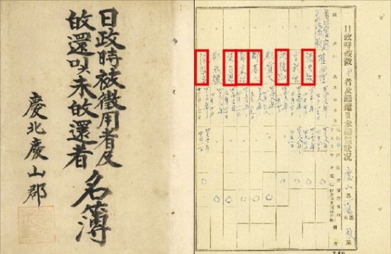 국가기록원이 19일 공개한 ‘일제 강점기 피징용(징병)자 명부’ 사진. 연합뉴스