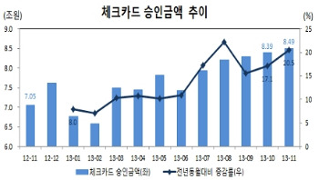 11월 체크카드 사용금액 8조4900억…최고치 경신 