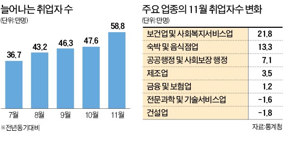 '복지 일자리'가 끌어올린 고용률, 지난달 취업자 58만명 늘어…보건·사회복지 분야 두드러져