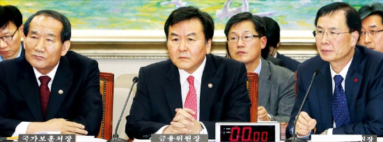 < 심각한 신제윤 위원장 > 박승춘 국가보훈처장(왼쪽부터), 신제윤 금융위원장, 노대래 공정거래위원장이 23일 국회 정무위원회 전체회의에 출석, 의원들의 질의를 듣고 있다. 연합뉴스