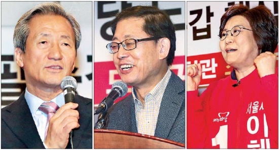 서울시장 새누리당 예비후보인 정몽준 의원(왼쪽부터), 김황식 전 총리, 이혜훈 최고위원이 27일 서울 도봉구민회관에서 열린 도봉갑 당협 핵심당원연수 행사장을 찾아 인사말을 하고 있다. 연합뉴스