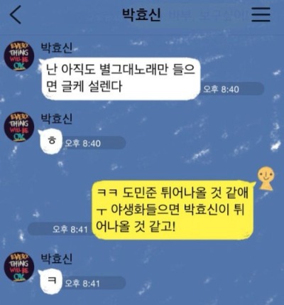 린이 자신의 트위터에 올린 박효신과의 메신저 내용. 신곡 '야생화'에 대한 언급이 있다.