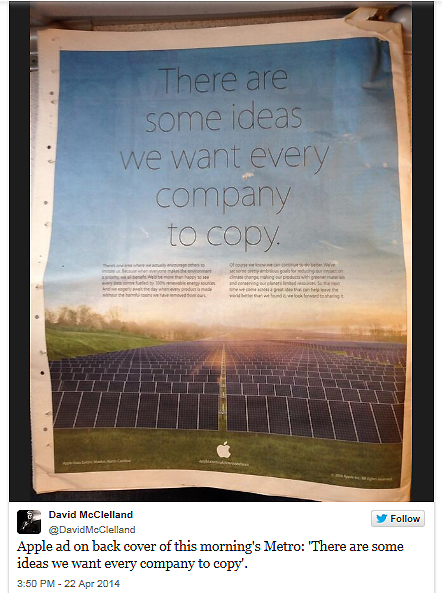 미국 IT매체 매셔블에 실린 애플의 '지구의 날' 지면 광고. 출처=@DavidMcClelland