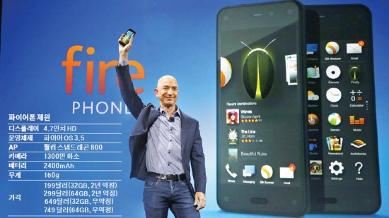 아마존 창업자인 제프 베조스 최고경영자(CEO)가 18일 미국 시애틀에서 열린 공개행사에서 파이어폰의 기능을 소개하고 있다. 연합뉴스