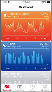 칼로리 소모량, 수면 상태 등을 표시한 ‘헬스’ 대시보드. 