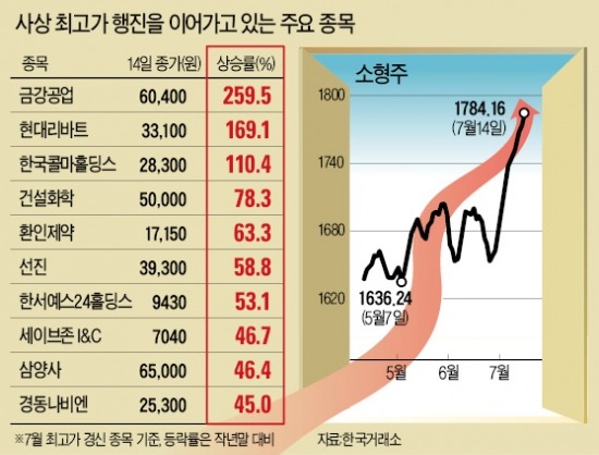 기관 애정공세…소형株, 무더기 최고가 행진