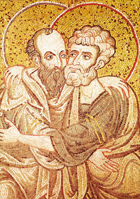 초대 교황인 사도 베드로(오른쪽)와 바오로를 묘사한 12세기 모자이크 작품(시칠리아 몬레알레 대성당 소장). 바다출판사 제공