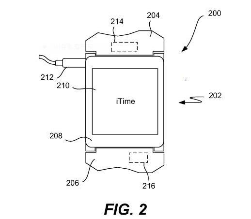 22일(현지시간) 미국 특허상표청(USPTO)이 등록을 공고한 미국 특허 제8,787,006호 '손목에 차는 전자기기와 그를 위한 방식들'의 그림. 애플이 낸 이 특허에서 기기 명칭은 '아이타임'(iTime)으로 적혀 있다. 연합뉴스