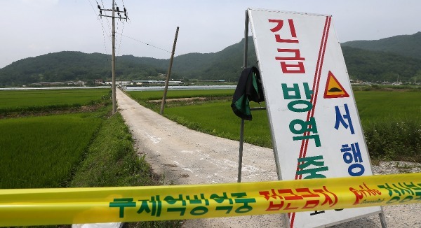 28일 오후 경북 고령군 운수면 월산리에 있는 한 농가에서 돼지 구제역이 발생해 방역당국이 농가로 접근하는 길을 통제하고 있다. 연합뉴스