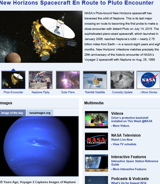 /뉴호라이전스 해왕성 통과를 보도한 NASA 홈페이지 캡처