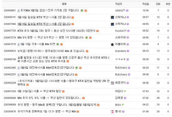 추석 연휴를 일주일 앞 둔 31일 중고나라 사이트 게시판에 KTX 승차권 암표 거래 글들이 올라와 있다. 출처- 중고나라