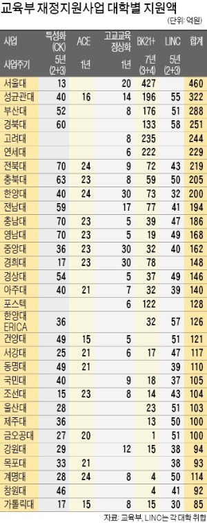 교육부 5대 재정지원사업…성균관·한양·중앙 등 12개大 '5관왕'