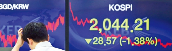 < 무너진 2050 > 코스피지수가 1.38% 하락한 21일 서울 중구 을지로의 한 은행 딜링룸에서 직원 한 명이 고개를 숙이고 있다. 이 날 코스피는 지난 3월12일(1.6%) 이후 최대 낙폭을 기록했다. 연합뉴스