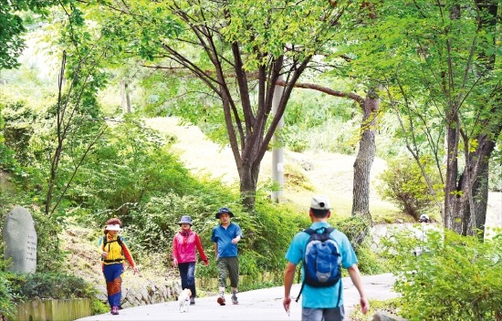 서울 망우동 망우리묘지공원에 있는 산책 순환로인 ‘사색의 길’에서 29일 오후 시민들이 나들이를 즐기고 있다. 서울의 유일한 공동묘지인 망우리묘지공원은 최근 들어 시민들이 즐겨 찾는 휴식공간으로 바뀌었다.  /김병언 기자 misaeon@hankyung.com 