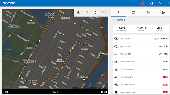 런타스틱 앱 내에서 제공하는 달리기 구간 별 속도 및 고도, 칼로리 소모량 등 정보. 출처=구글 플레이