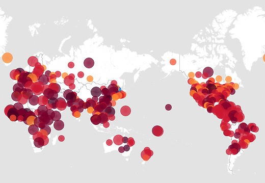 전세계 지역 별 에볼라 등 질병 발병 현황. 출처=헬스맵 healthmap.org