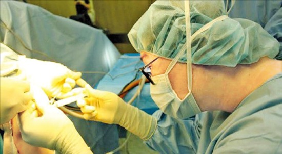 제일정형외과병원 의료진이 무릎 연골판 손상 환자를 대상으로 줄기세포 시술을 하고 있다 제일정형외과병원 제공 