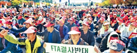 ‘영연방 FTA 국회비준 반대 범축산인 총궐기대회’에 참가한 축산단체 회원들이 구호에 맞춰 시위하고 있다.