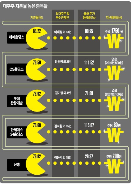 대주주 지분율 높은 세아·CS·한세예스24홀딩스 '뜀박질'