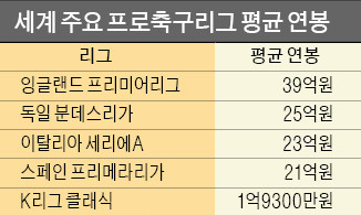 英프리미어리거 평균 연봉 39억…K리거의 20배