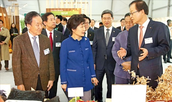 박근혜 대통령이 19일 경기 안성팜랜드에서 열린 ‘농업 미래성장산업 대토론회’에 참석하기에 앞서 미래농업전시회를 참관하며 김철하 CJ제일제당 사장(맨 오른쪽)으로부터 설명을 듣고 있다. 강은구 기자 egkang@hankyung.com