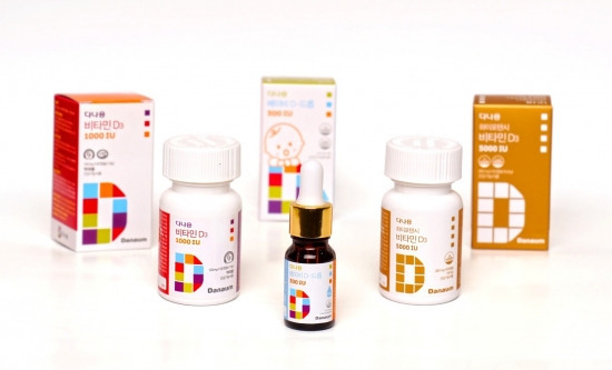 다나음 비타민 D3 제품군, 왼쪽부터 비타민 D3 1000IU, 베이비 D-드롭 500IU, 비타딘 D3 5000IU
