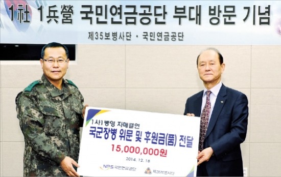 최광 국민연금공단 이사장(오른쪽)이 지난 18일 전북 임실군 제35사단 사령부에서 최창규 사단장에게 위문 및 후원금 1500만원을 전달하고 있다. 국민연금공단 제공