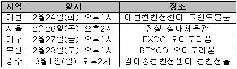 <표>메가스터디 5개 도시 순회 '신학기 설명회' 일정