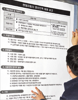 현대자동차 인사팀 직원이 10일 울산공장 식당 게시판에 사내하청 근로자를 대상으로 한 올해 첫 정규직 채용공고문을 붙이고 있다.