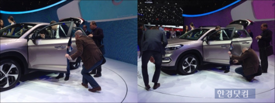 ▲'제네바모터쇼 2015'에서 외신 기자들이 현대차의 '올뉴 투싼'을 살펴보고 있다. 사진=김정훈 기자