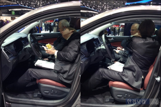 ▲'제네바모터쇼 2015'에서 외신 기자들이 현대차의 '올뉴 투싼' 내부를 살펴보고 있다. 사진=김정훈 기자
