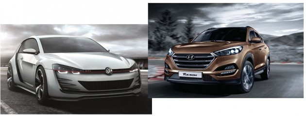 2015 서울모터쇼에서 아시아 지역에 처음 공개되는 폭스바겐의 '디자인 비전 GTI 콘셉트카(사진 왼쪽)와 현대자동차가 이달 판매를 시작한 신형 투싼. 