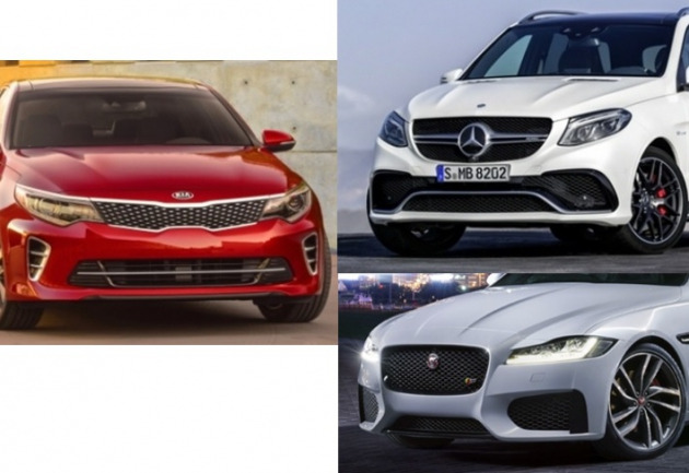 뉴욕모터쇼 2015에 출품되는 신차들. (사진 왼쪽부터 시계 방향) 기아차 신형 K5, 벤츠 GLE, 재규어 신형 XF. 
