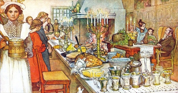 스웨덴 화가 칼 라르손의 수채화 ‘크리스마스 이브’(1904~1905). 19세기 말부터 서구 중산층과 노동 계층은 소수 권력자에게만 돌아갔던 빵과 소고기 등 중급 요리를 먹기 시작했다. 다른세상 제공