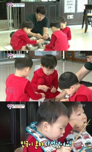 &#39;슈퍼맨이 돌아왔다&#39; 삼둥이, 야무진 멸치 손질..어묵국 폭풍 먹방