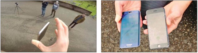 미국 정보기술(IT) 전문매체 폰아레나에 따르면 최근 유튜브 채널인 ‘에브리싱 애플 프로’가 갤럭시S6엣지와 아이폰6를 3m 높이에서 떨어뜨리는 낙하시험을 한 결과 갤럭시S6엣지는 외관만 다소 손상됐으나 아이폰6는 작동이 어려울 정도로 손상됐다. 유튜브 화면 캡쳐